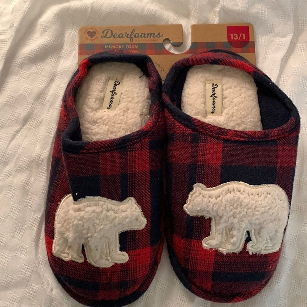 Dearfoams baby bear plaid slippers. Unisex size 13/1